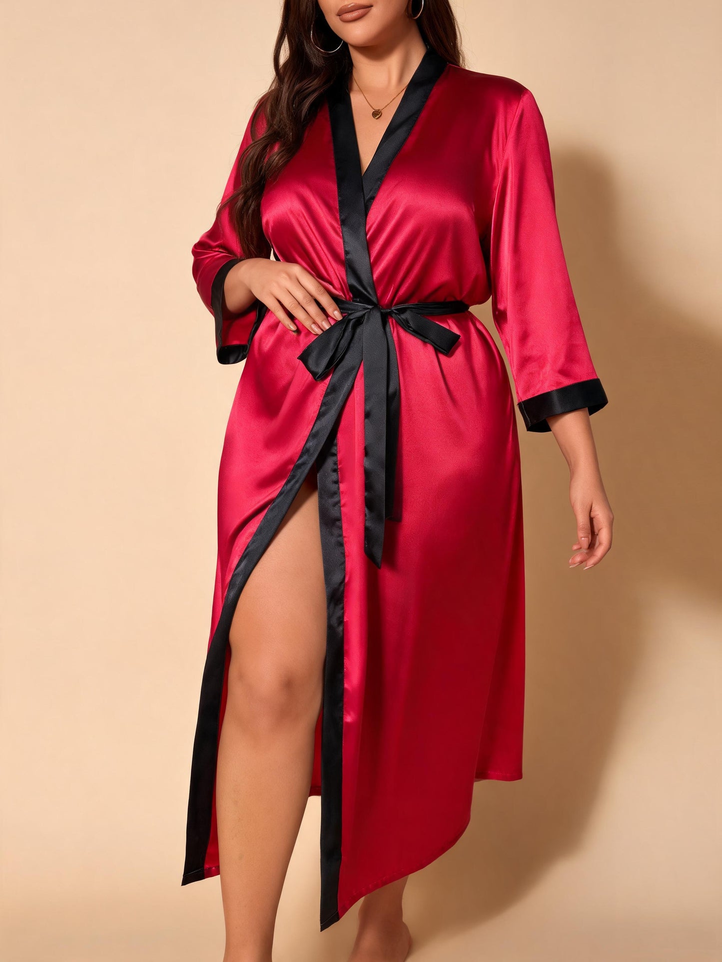 Botanical Muse floral satin kimono robe — Red