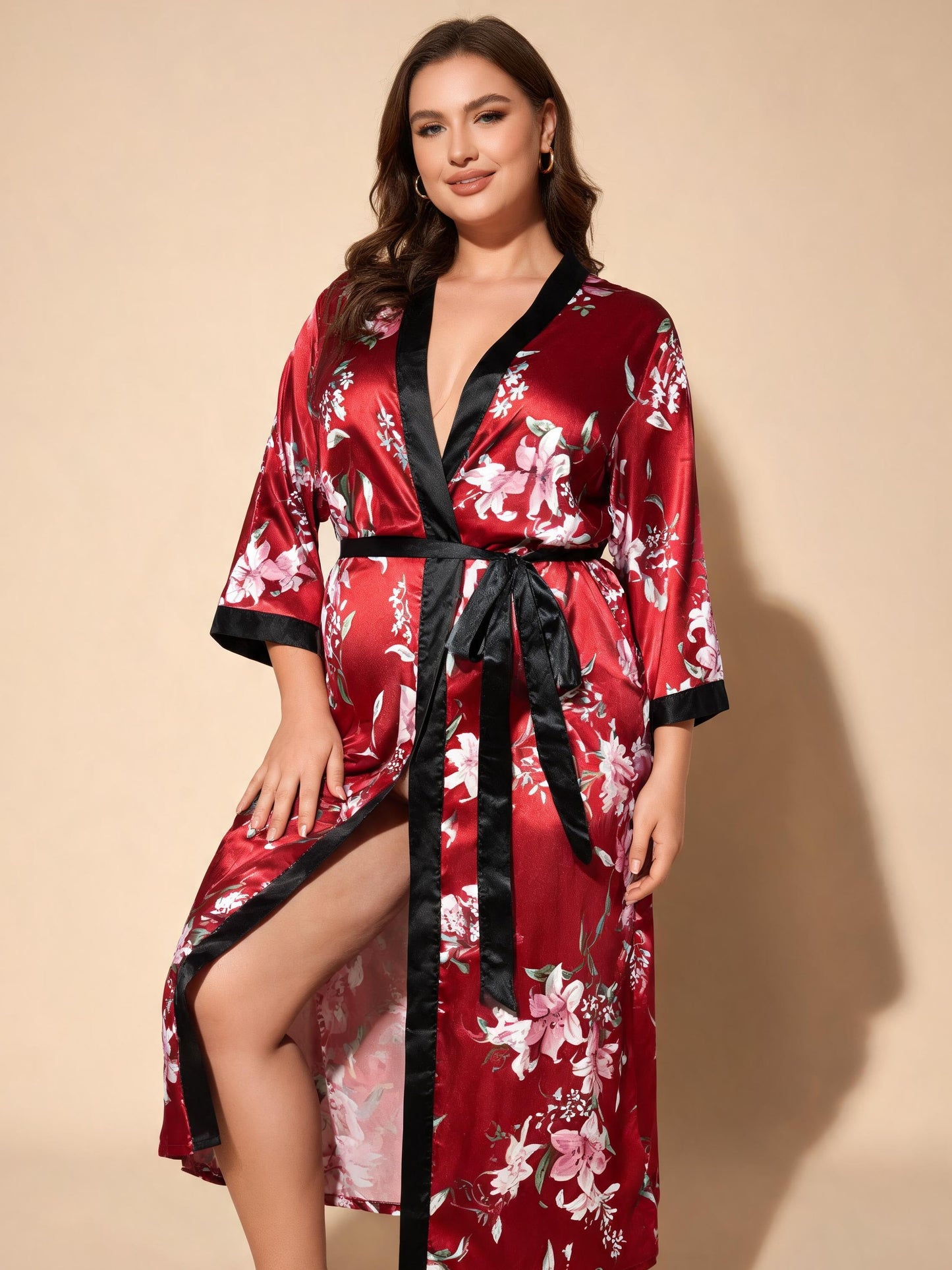 Botanical Muse floral satin kimono robe — detail view
