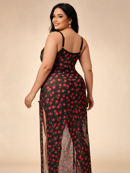 Chemise de Nuit Grande Taille à Imprimé Cerises, Dentelle Noire, Décolleté en V Profond, Nœud et Fente Latérale