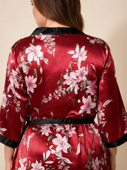 Botanical Muse floral satin kimono robe — detail view