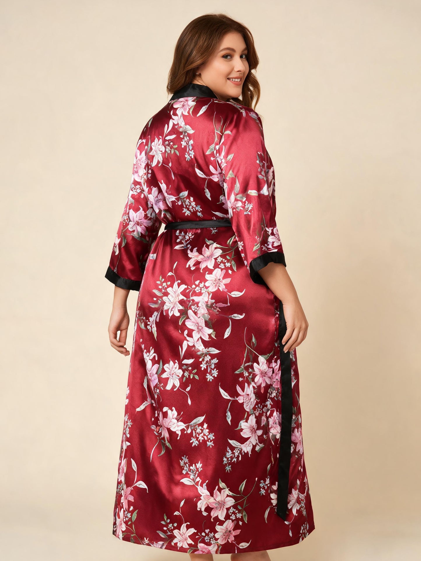 Botanical Muse floral satin kimono robe — detail view