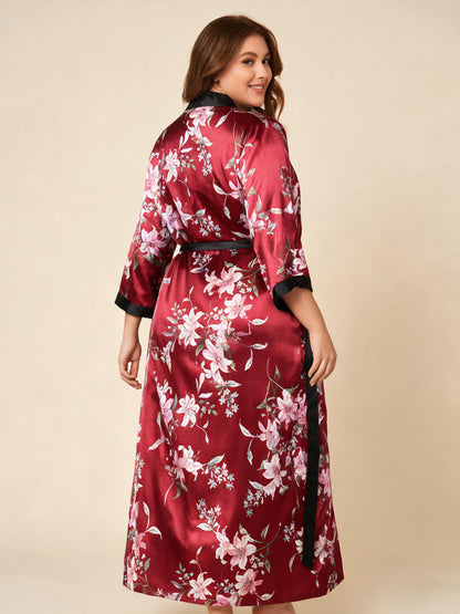Botanical Muse floral satin kimono robe — detail view