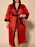 Botanical Muse floral satin kimono robe — Red letters