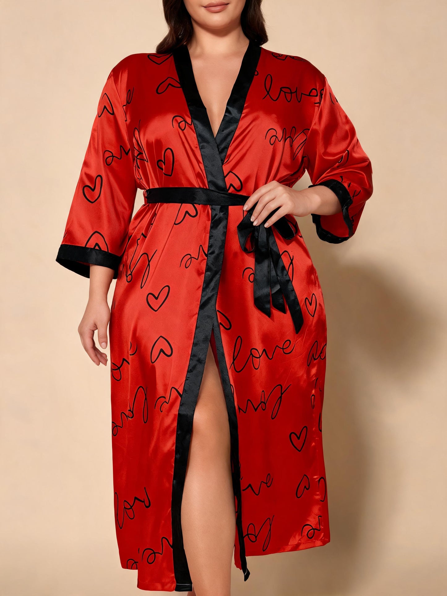 Botanical Muse floral satin kimono robe — Red letters