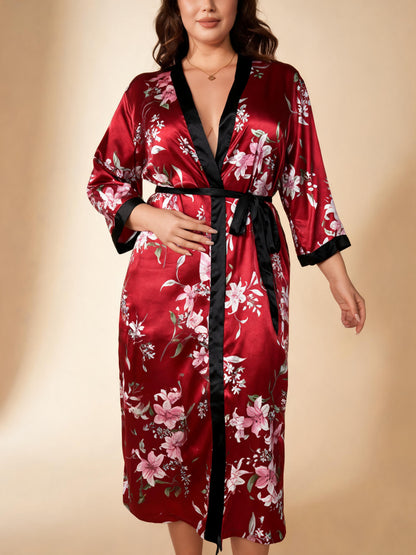 Botanical Muse floral satin kimono robe — Safflower