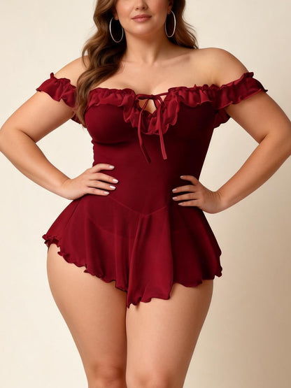 Plus Size Off-Shoulder Ruffle One Piece Swimsuit with Tie Front