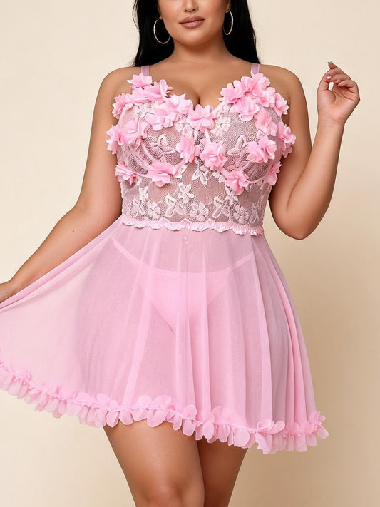 Pink 3D Floral Lace Babydoll with Tulle Skirt