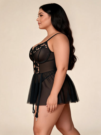 Plus Size Black Lace & Mesh Babydoll Chemise with Garter Straps