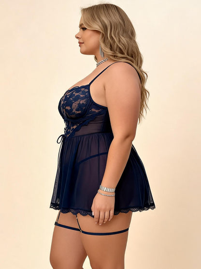 Plus-Size Sheer Mesh Babydoll with Lace-Up Corset Detail