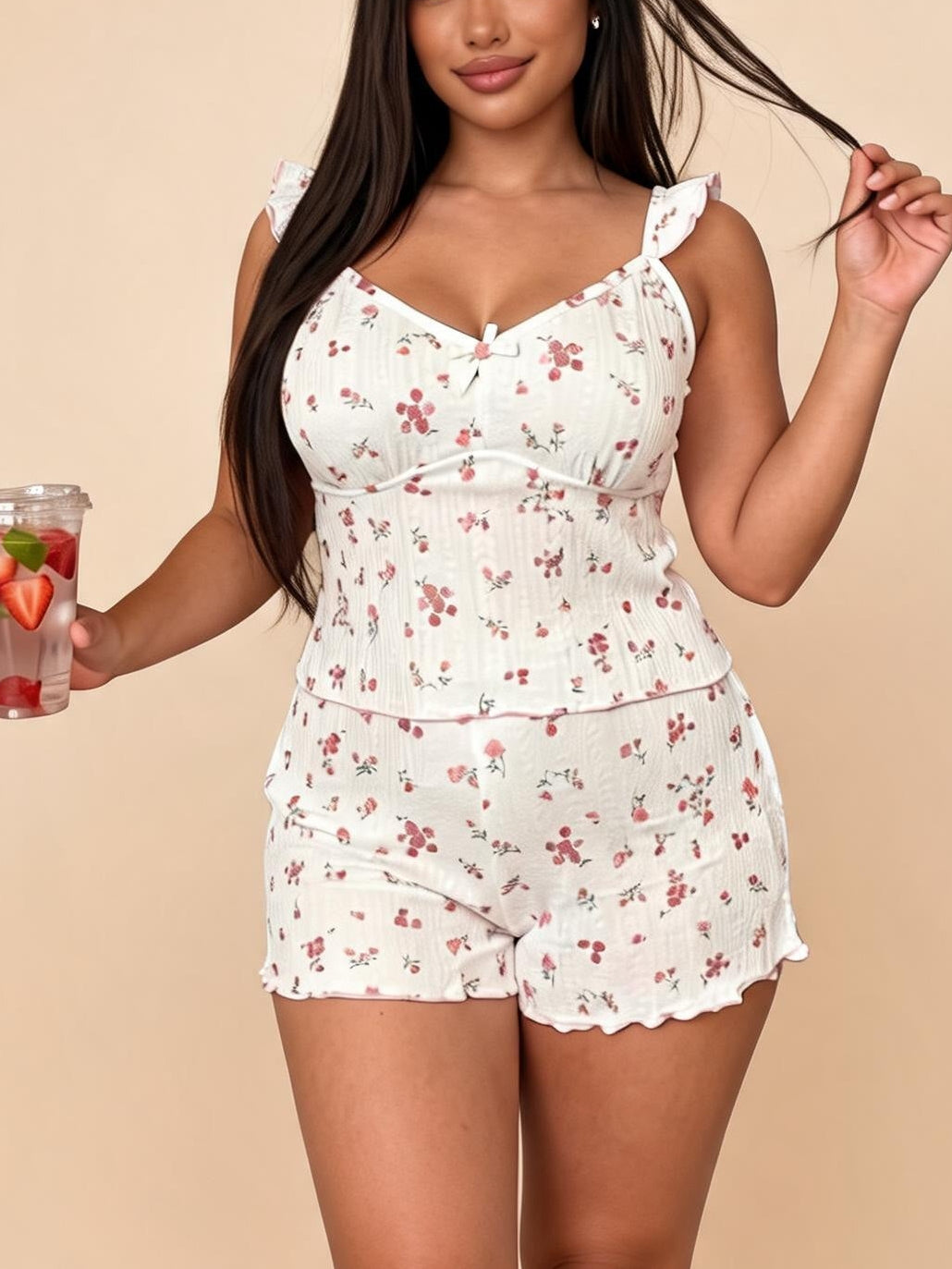 White Pink Floral Ruffle Camisole & Shorts Pajama Set