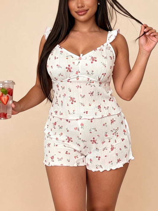 White Pink Floral Ruffle Camisole & Shorts Pajama Set