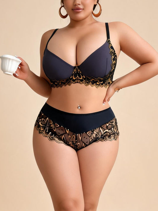 Navy Blue Lace & Satin Lingerie Set