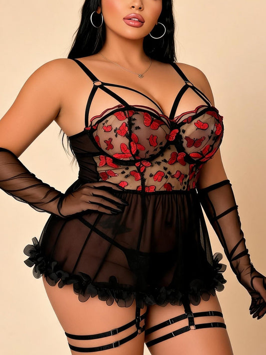 Plus-Size Floral Lace & Mesh Babydoll with Garter Straps