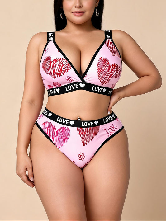 Pink Heart Print Lingerie Set with LOVE Straps