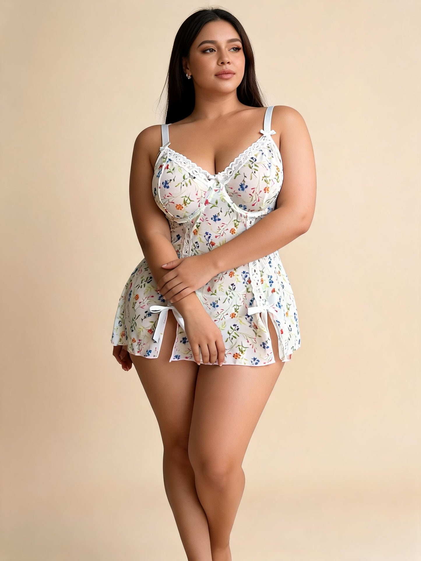 Plus Size White Ditsy Floral Satin Nightgown