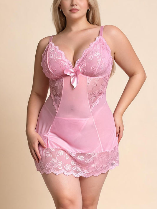 Pink Lace & Satin Babydoll with Bow