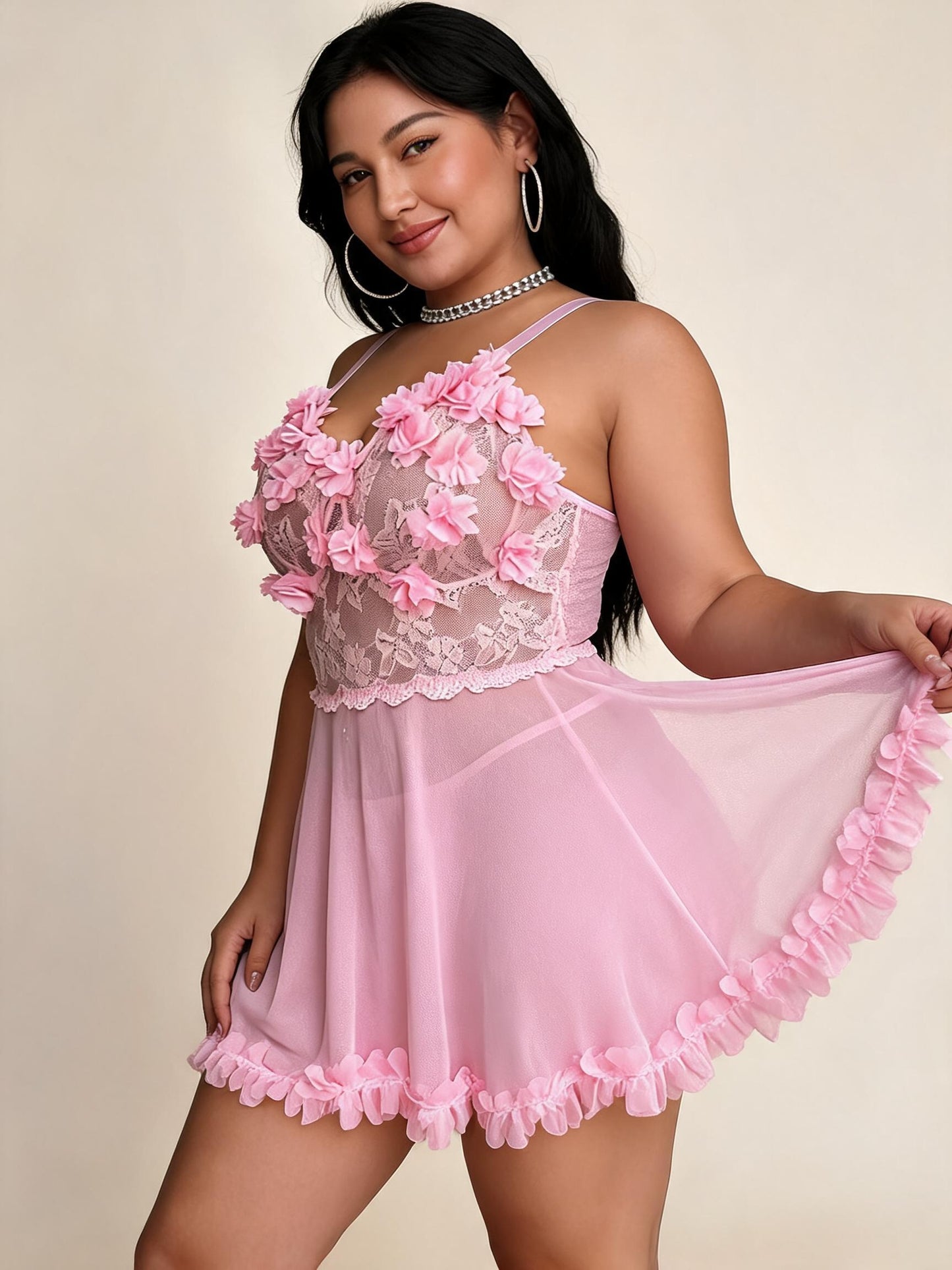 Pink 3D Floral Lace Babydoll with Tulle Skirt