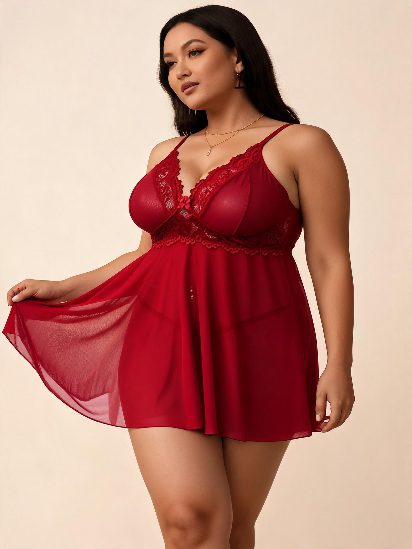 Red Lace & Satin Chemise with Plunging Neckline