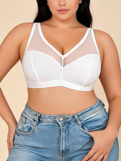 Black Mesh Panel Sports Bra with V-Neck Design