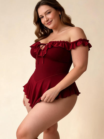 Plus Size Off-Shoulder Ruffle One Piece Swimsuit with Tie Front