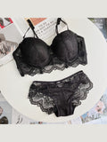 Sculpted Lace Support black plus size bra and panty set — flat lay