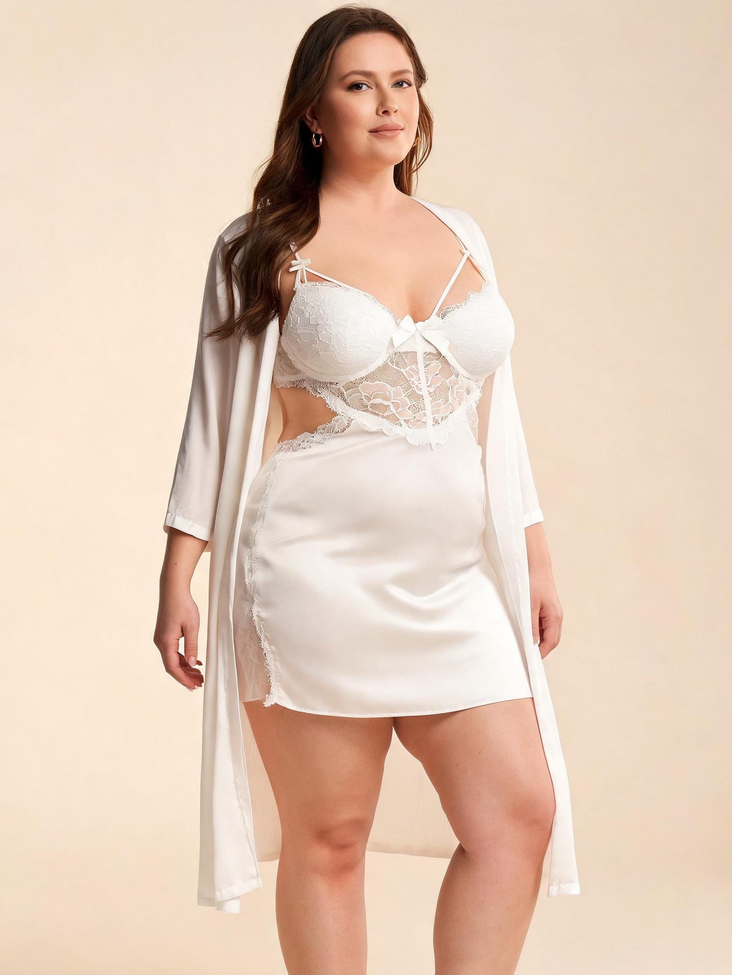 Sexy V-Neck Babydoll Dress with Sheer Mesh Bridal Honeymoon Panel & Robe Set