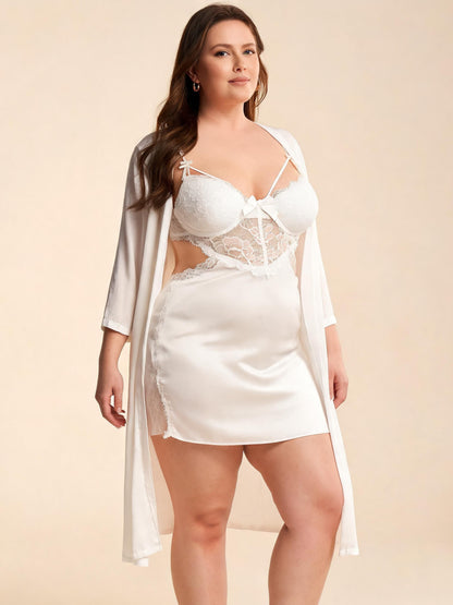 Sexy V-Neck Babydoll Dress with Sheer Mesh Bridal Honeymoon Panel & Robe Set