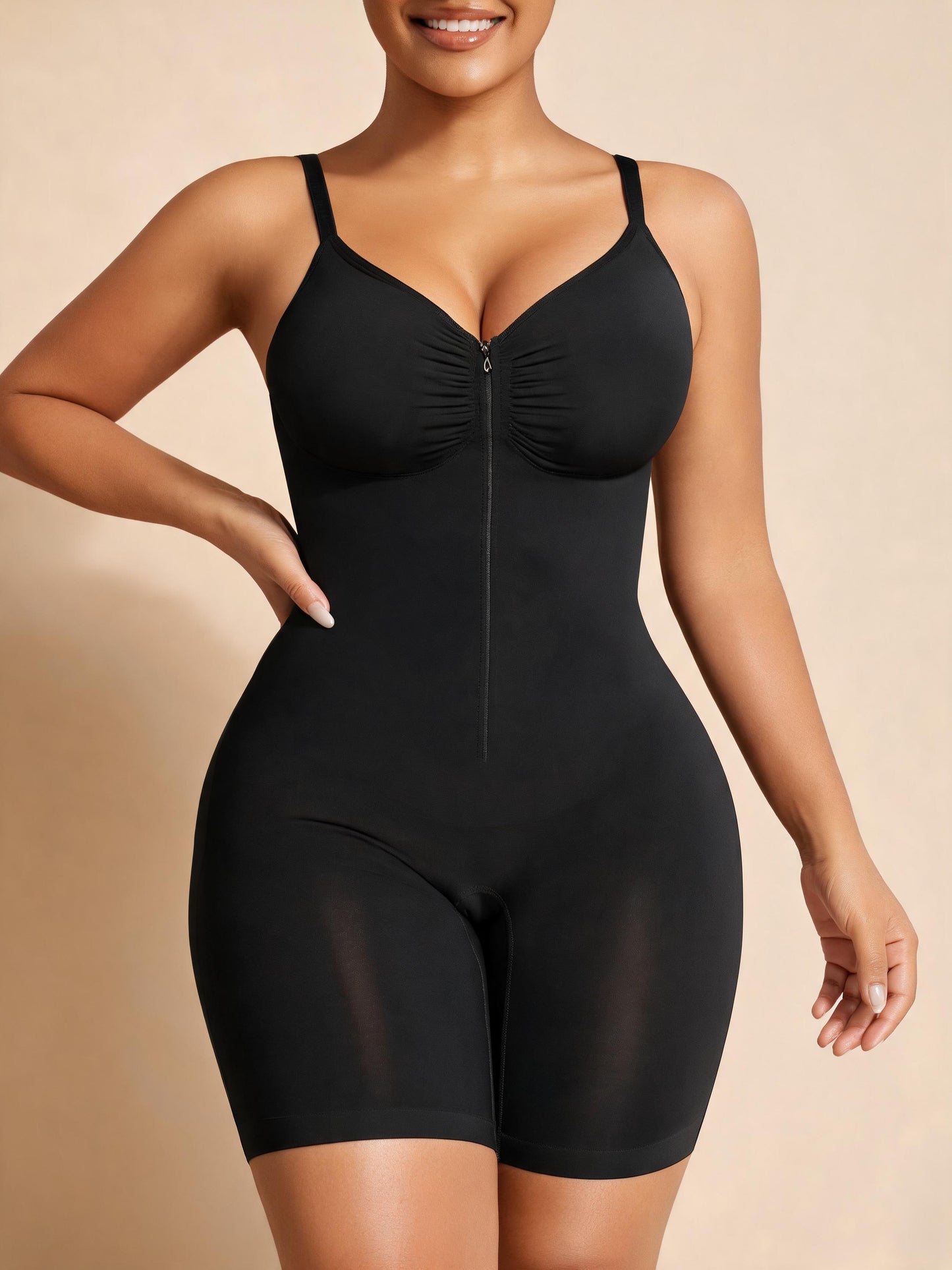 Front Zipper Tummy Control Bodysuit with Shorts Seamless Butt Lifting Compression Garment