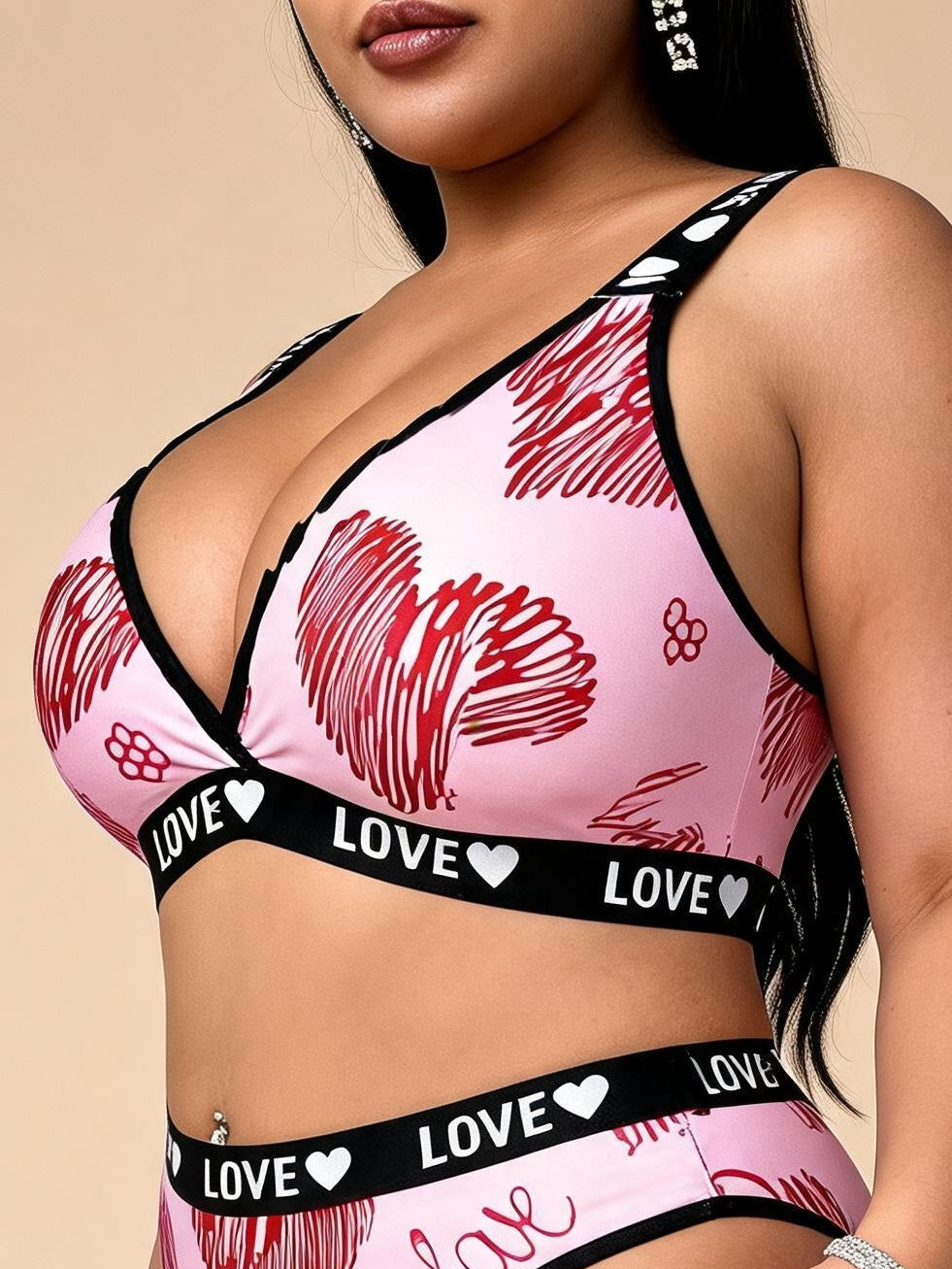 Pink Heart Print Lingerie Set with LOVE Straps