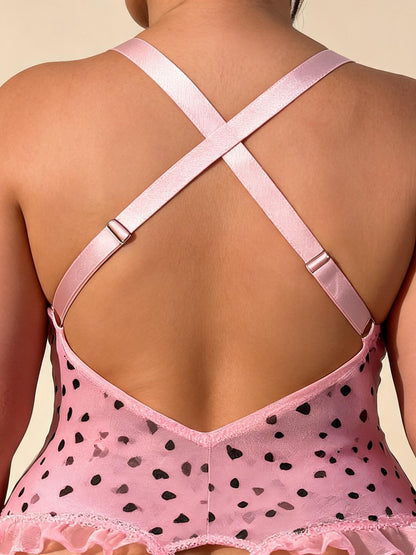 Pink Black Heart Print Sheer Mesh Teddy with Lace-Up & Ruffles