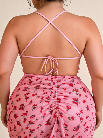 Pink Cherry Print Satin Maxi Nightgown with High Slit