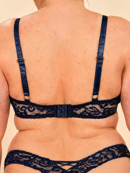 Navy Blue Lace Strappy Bra Set Crisscross Embroidered Bralette and Panty