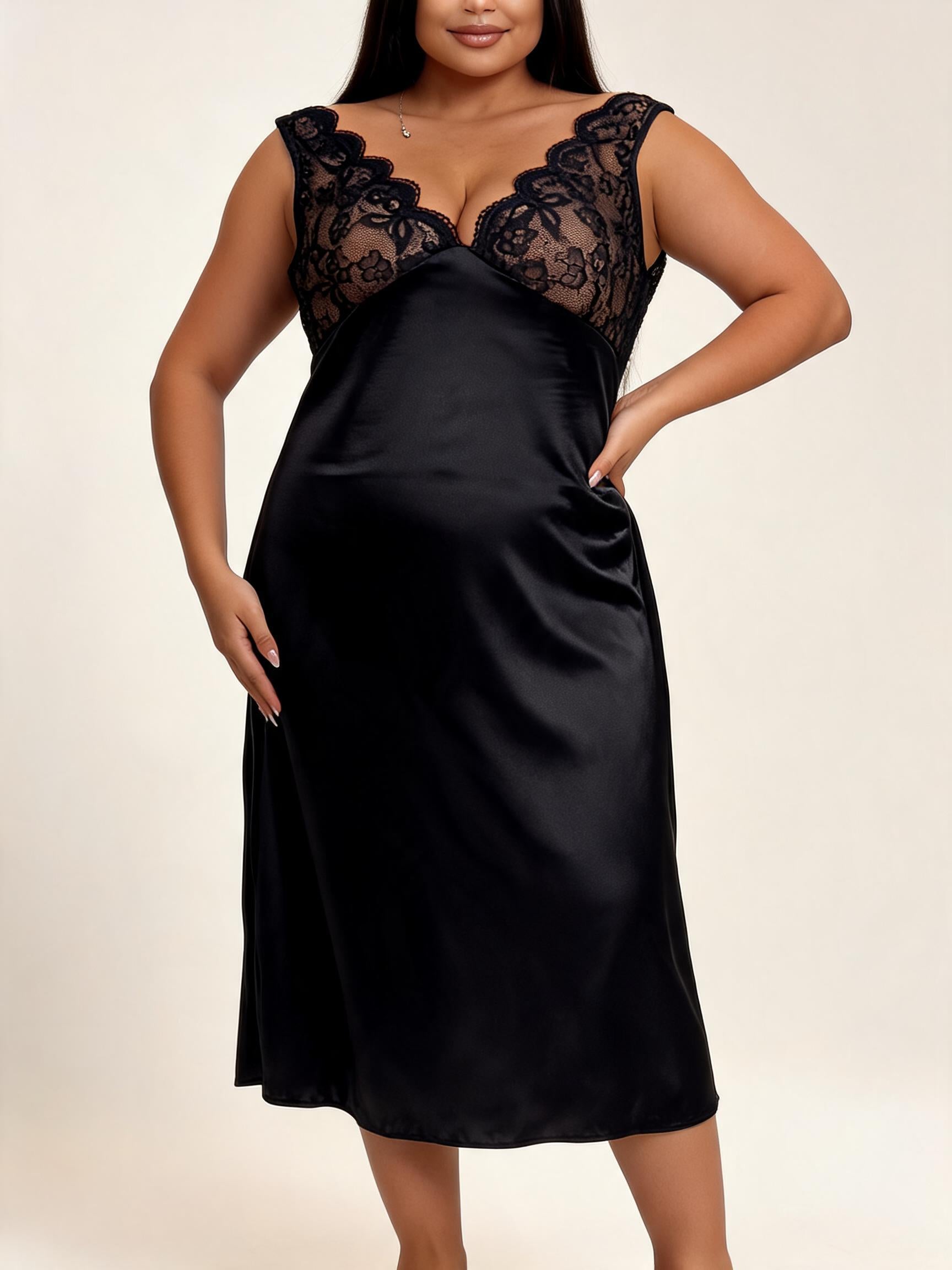 Black satin lace nightgown — 02-front-34