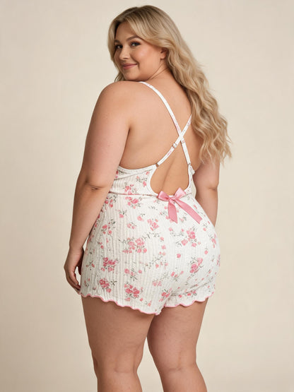 Pink Floral Ribbed Babydoll & Shorts Set with Lace Trim