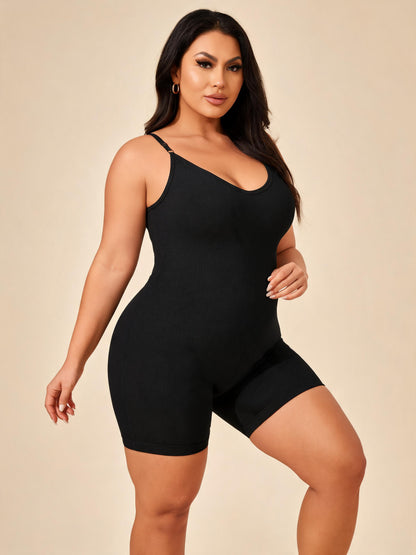 Ribbed Tummy Control Bodysuit with Shorts Spaghetti Strap Shapewear