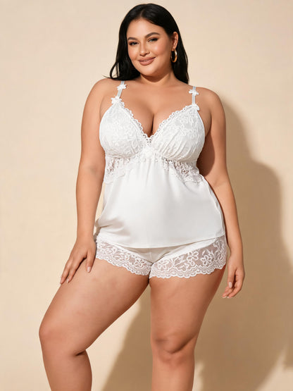 Lace Camisole Top & Shorts Cute Bow Strap Sleepwear Satin Pajama Set