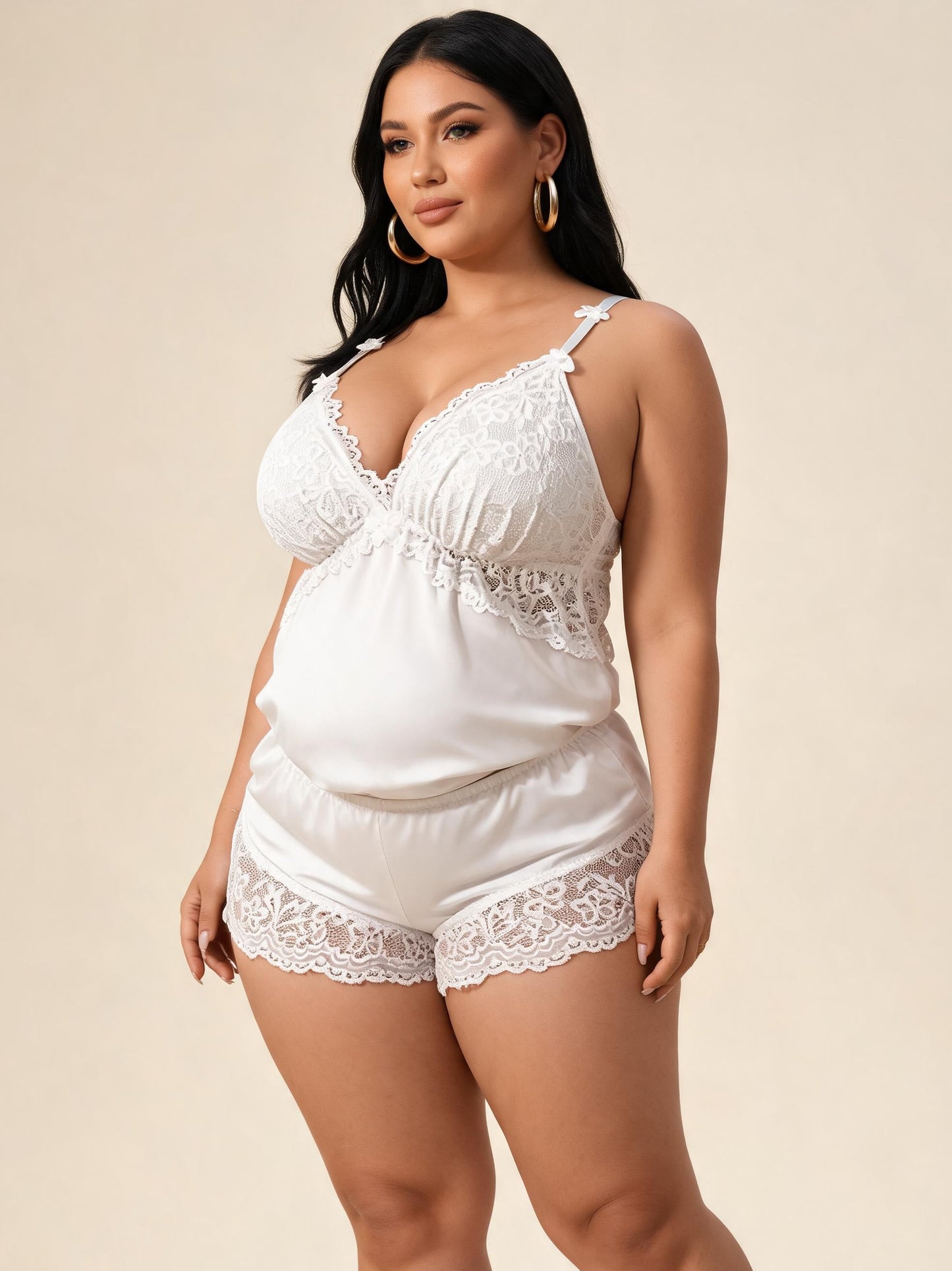 Lace Camisole Top & Shorts Cute Bow Strap Sleepwear Satin Pajama Set