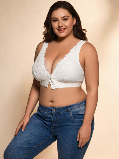 Front Closure Wireless Bra Sexy Lace Trim V-Neck Bralette for Daily Wear