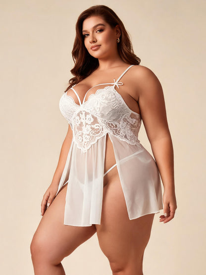Strappy Front Open Chemise with High Slit Mesh Bridal Lace Babydoll