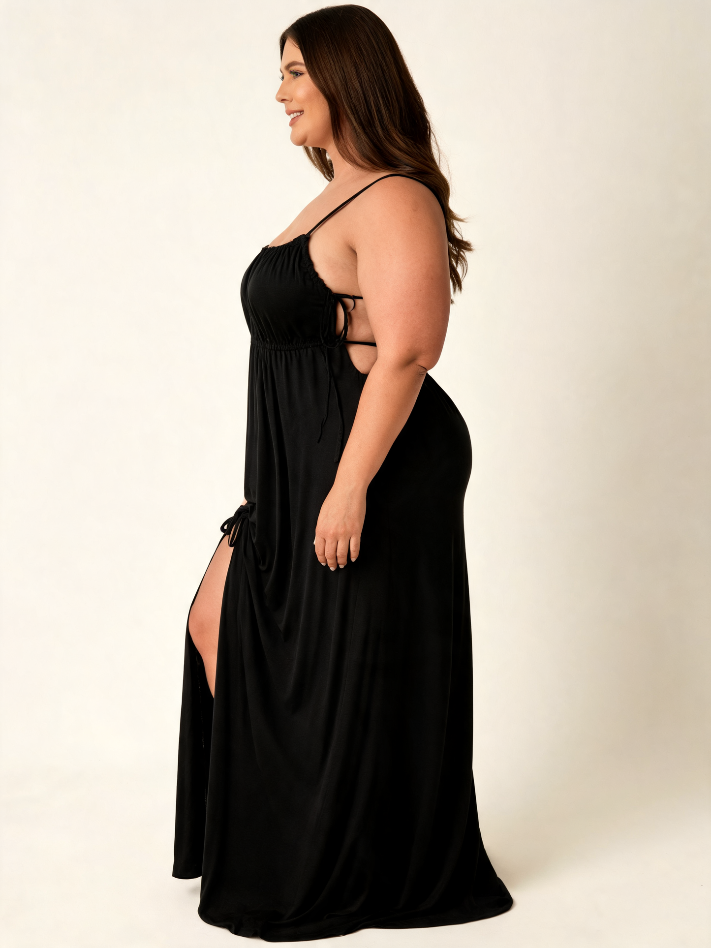 Plus Size Black Satin Slip Dress with Side Ties and High Slit
