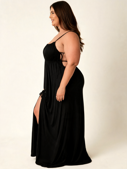 Plus Size Black Satin Slip Dress with Side Ties and High Slit