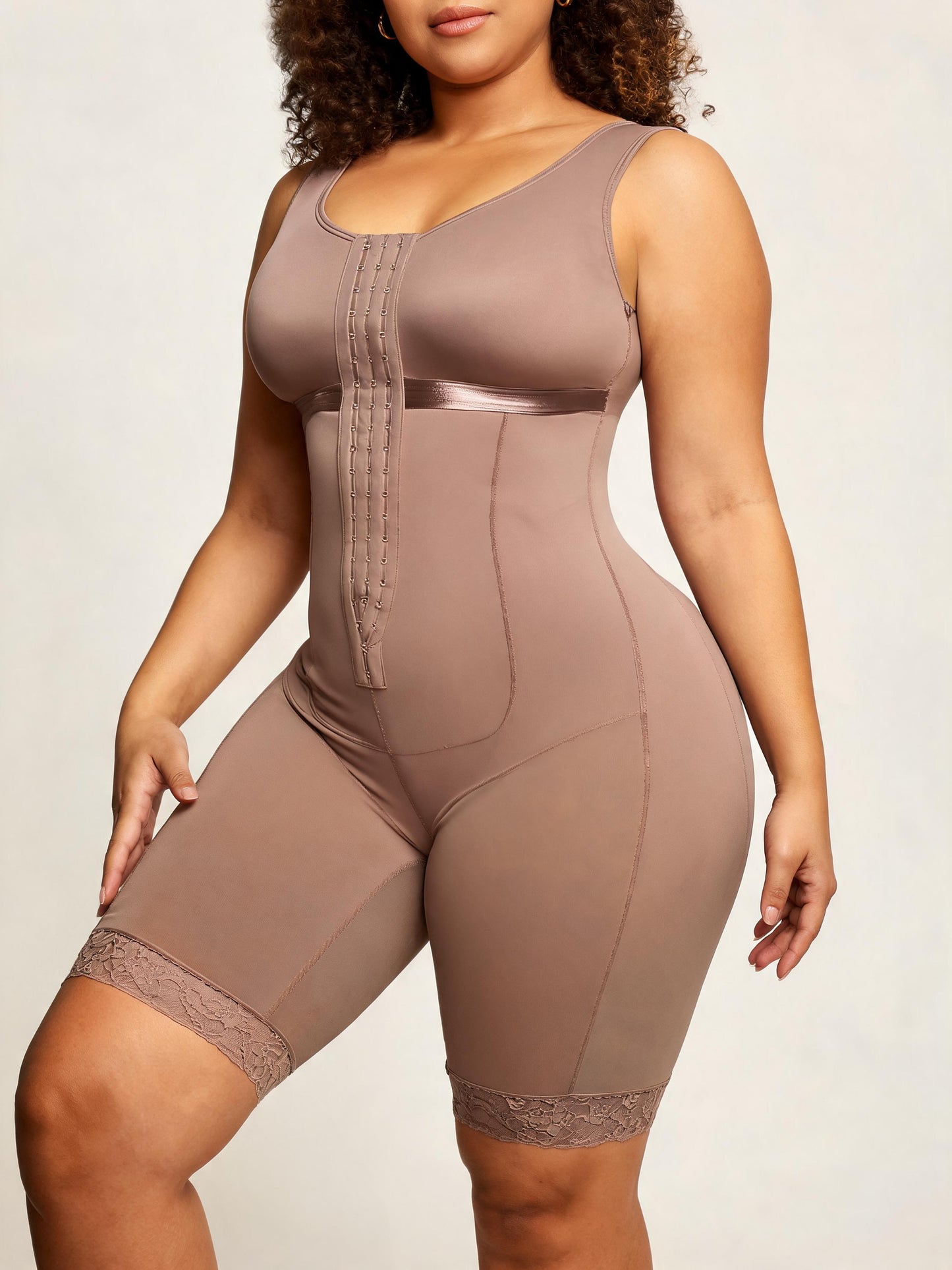 Tummy Tuck Compression Bodysuit with Front Hooks Mid Thigh Shapewear