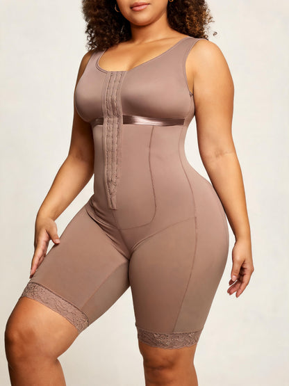 Tummy Tuck Compression Bodysuit with Front Hooks Mid Thigh Shapewear