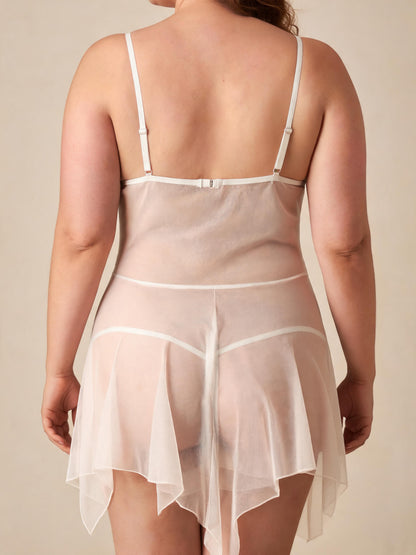 Front Open Mesh Chemise with Bow See-Through Bridal Lace Babydoll
