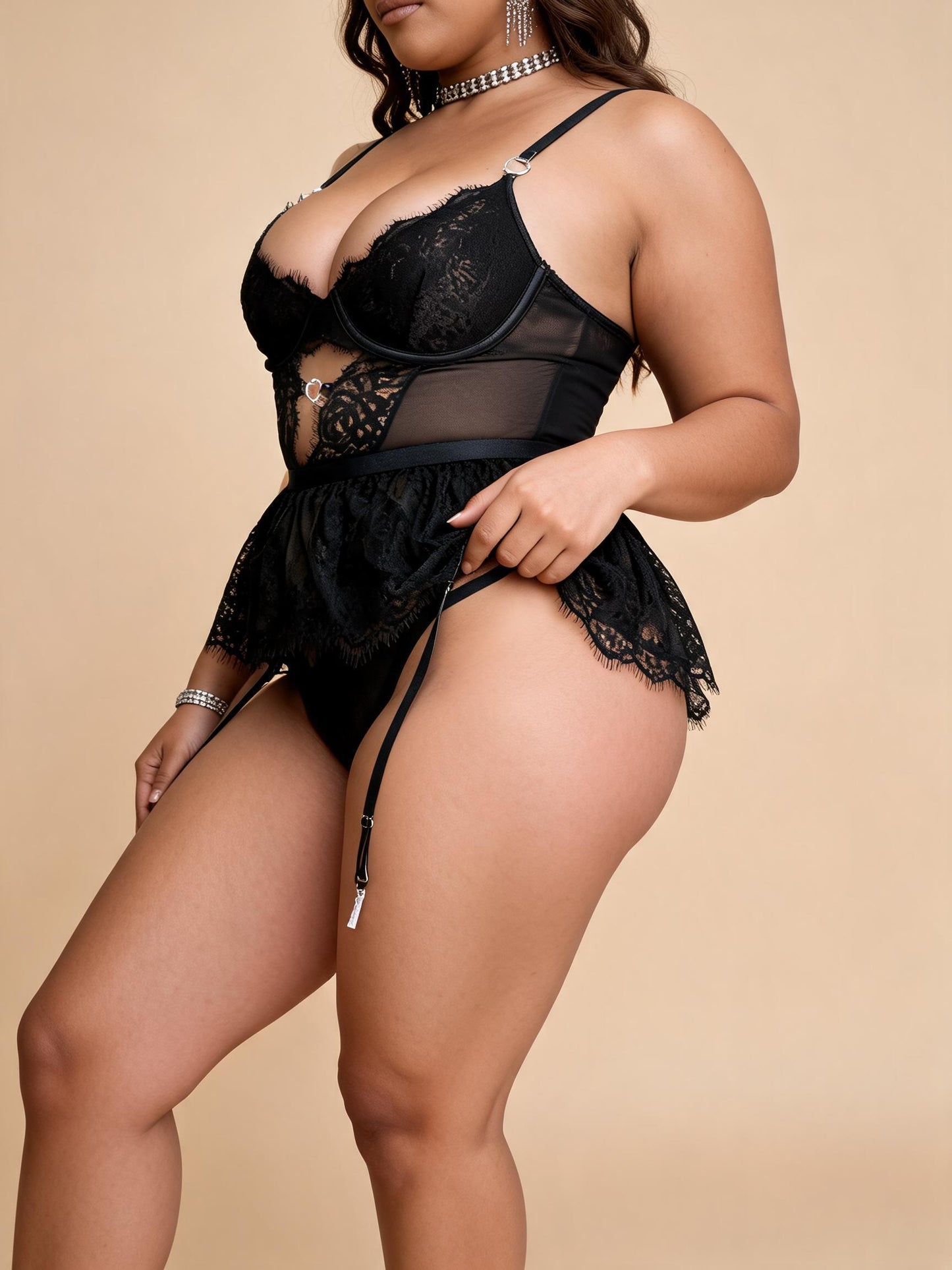 Plus-Size Lace Corset Babydoll with Garter Straps