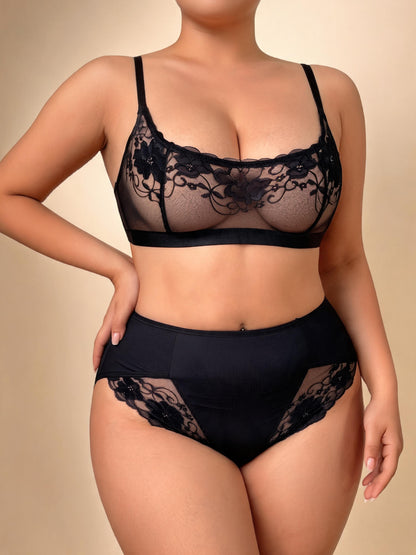 Black Front Clasp Sheer Lace Bra & High Waist Mesh Brief Lingerie Set