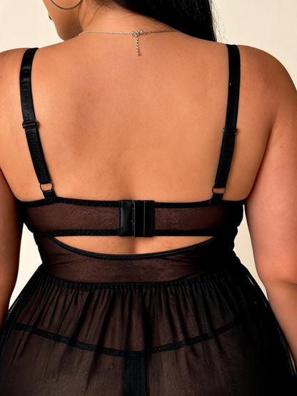 Plus-Size Floral Lace & Mesh Babydoll with Garter Straps