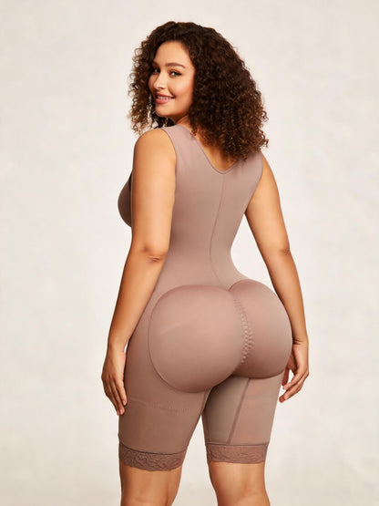 Tummy Tuck Compression Bodysuit with Front Hooks Mid Thigh Shapewear