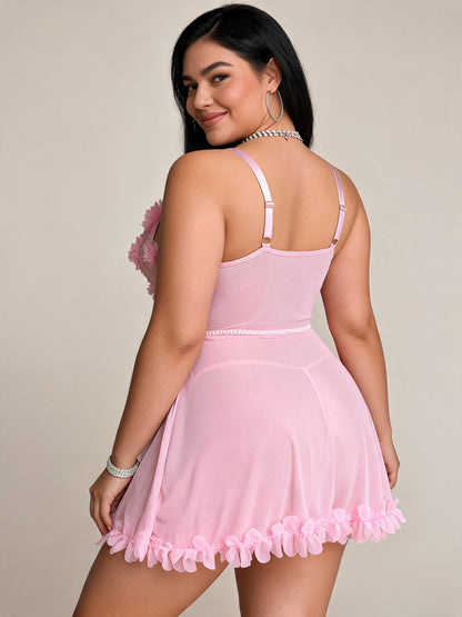 Pink 3D Floral Lace Babydoll with Tulle Skirt