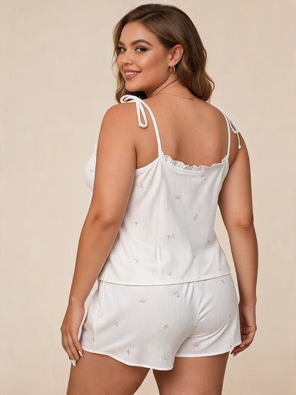 White Ribbed Pajama Set with Pink Bow Print